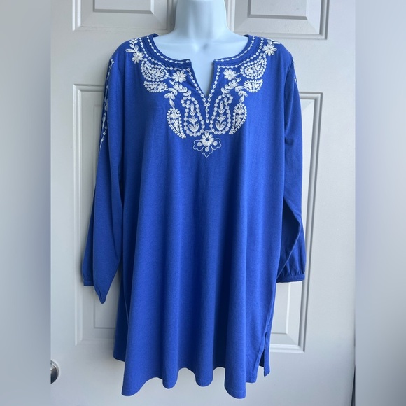 J. Jill Blue Embroidered Split Neck Tunic Top Size L Boho 3/4 Sleeve Royal Blue - Picture 1 of 9